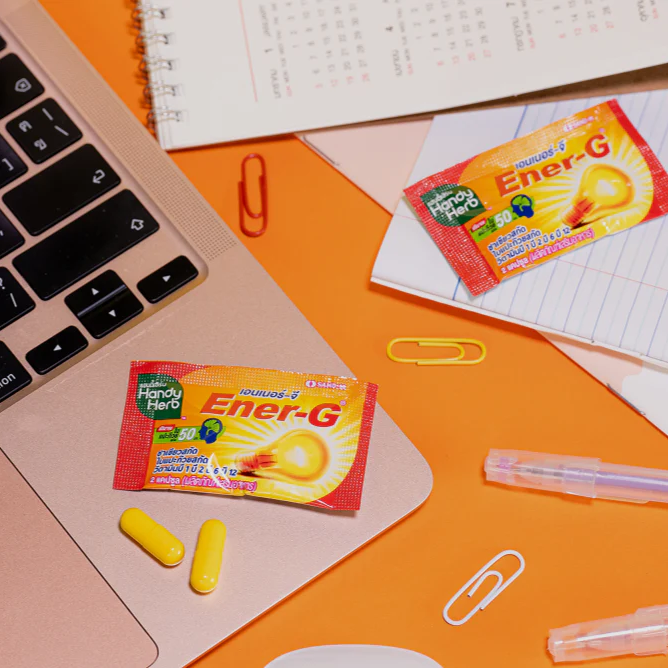 Handy Herb - Ener-G Dietary Supplement 110 mg., Ginko extract, Thai Black Ginger extract, Vitamin C, B1, B2, B6, and B12 (Box of 12 sachets, 2 capsules per shachet)