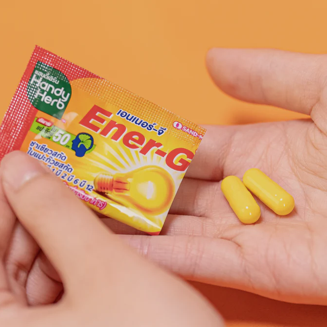 Handy Herb - Ener-G Dietary Supplement 110 mg., Ginko extract, Thai Black Ginger extract, Vitamin C, B1, B2, B6, and B12 (Box of 12 sachets, 2 capsules per shachet)