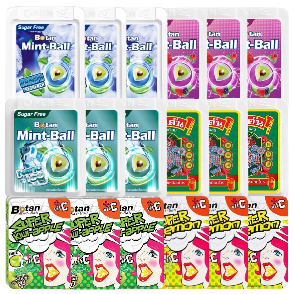 Botan - Lozegnes - 3x Breath Freshener Mint-Ball, 3x Mix Berry Mint-Ball, 3x Nano Ice Mint-Ball, 3x Original, 3x Super Kiwi-Apple, 3x Super Lemon (Pack of 18)
