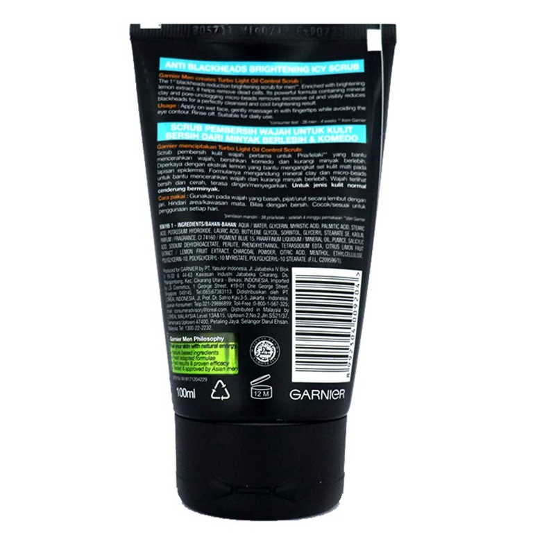 Garnier Men - Oil Control - Anti-Blackheads Brightening Icy Scrub 100 ml - Made in Indonesia