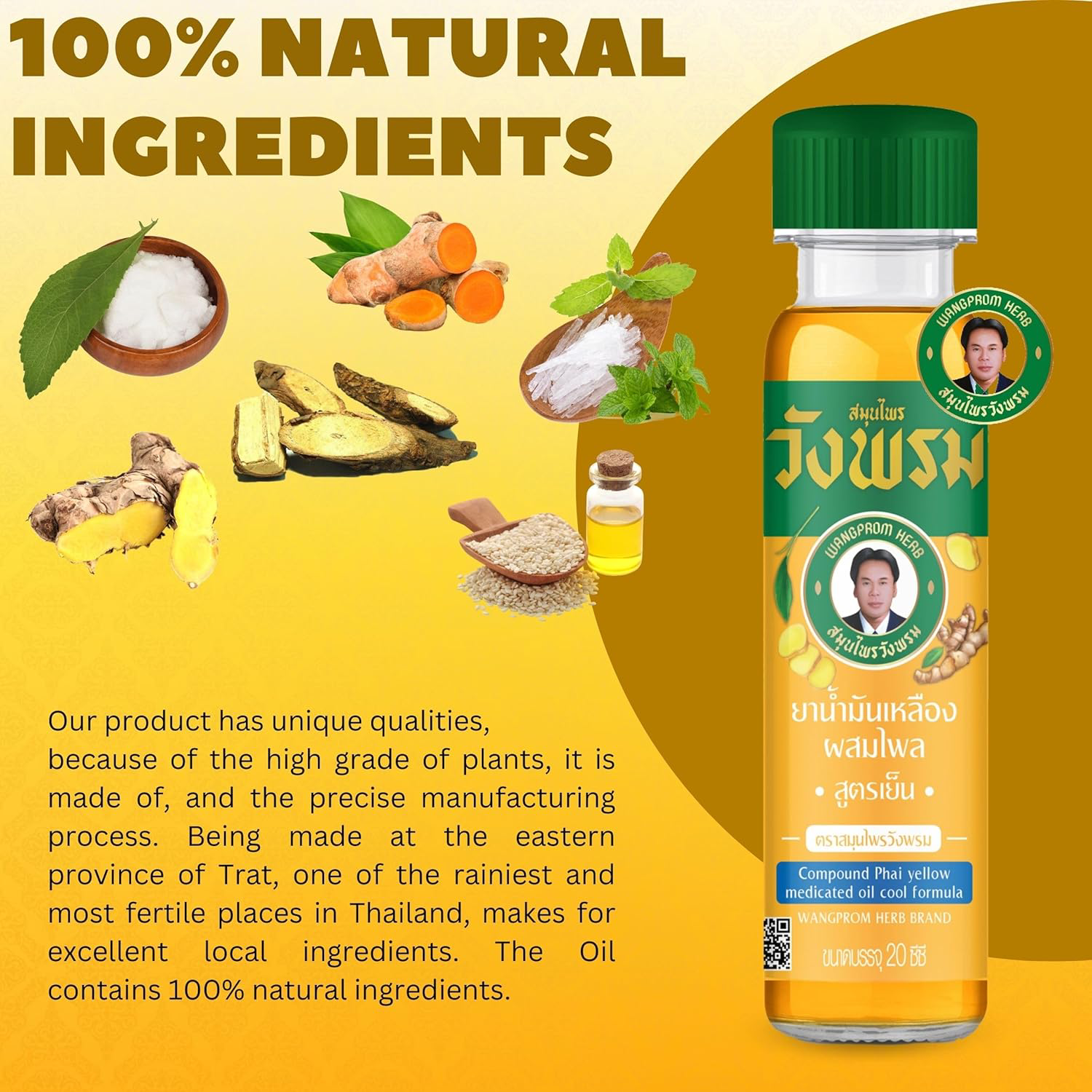 Wang Prom  - Yellow Herbal Massage Oil 20 ml. (Pack of 3) - Made in Thailand