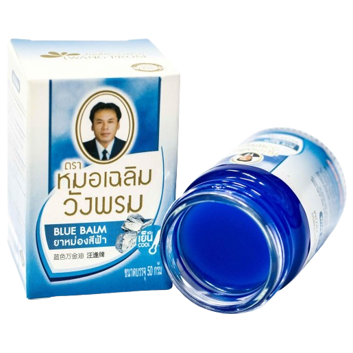 Wang Prom - Blue - Eucalyptus Oil, Peppermint, Clove, Butterfly Pea Flower - Herbal Balm 50 g. (Pack of 3) - For Itchy Skin and Painful Body Areas - Made in Thailand