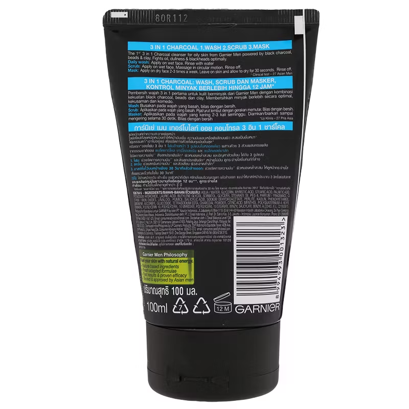 Garnier Men - Oil Control - 3 IN 1 Charcoal - Wash - Scrub - Mask 100ml.