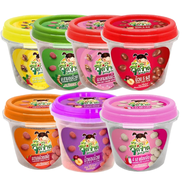 Jeedjad - Spicy Tamarind with Chili | Dried Tamarind with Plum | Tamarind with Plum | Plum 5 Flavors | Baked Tamarind with Plum | Spicy Flavor Plum | Tamarind 4 Flavors with Chili and Salt (Pack of 7 Mix) 370 g.