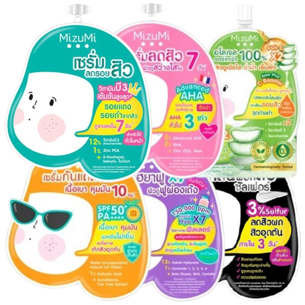 MizuMi - (Mix of 6) 1x B3 Acne, 1x AHA, 1x Aloe Plus C, 1x UV Acne, 1x Hybrid Hya and 1x Acne Clay Serums (6g. each) - Made in Japan