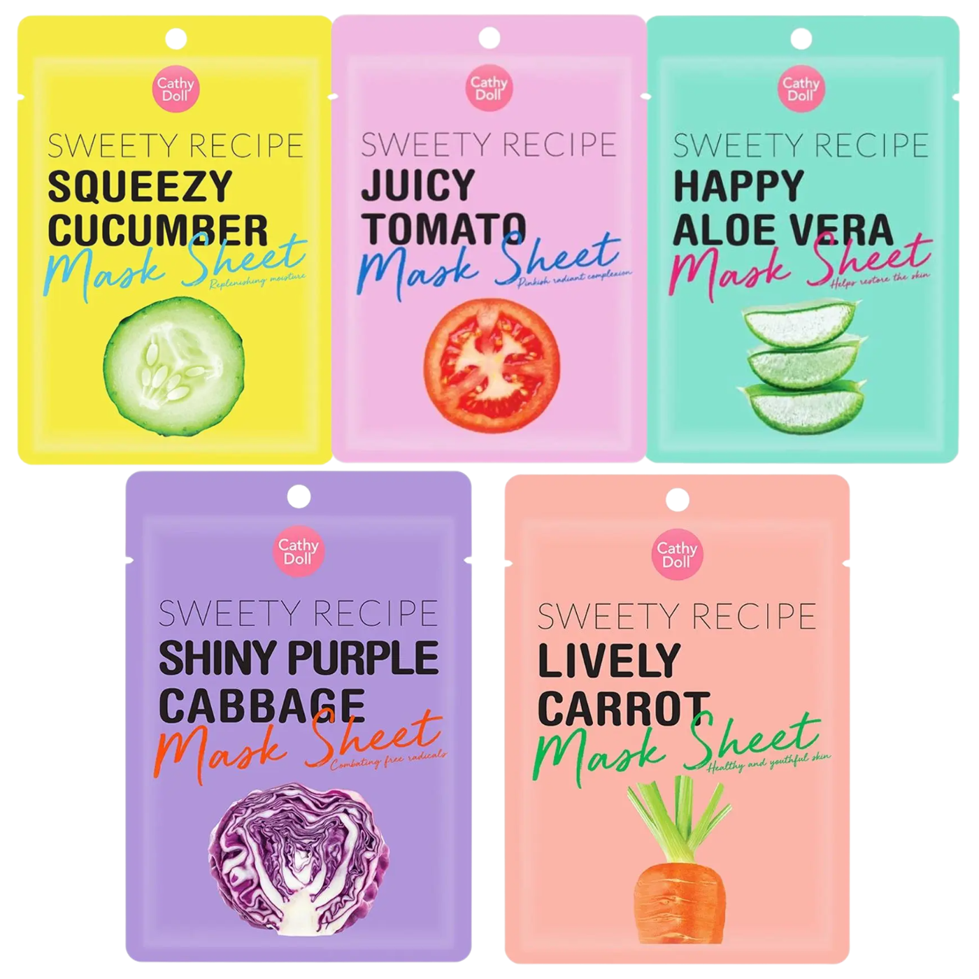 Cathy Doll - Sweety Recipe Masks 25g. each - Cucumber, Carrott, Aloe Vera, Purple Cabbage, Tomato (Pack of 5 Mix)