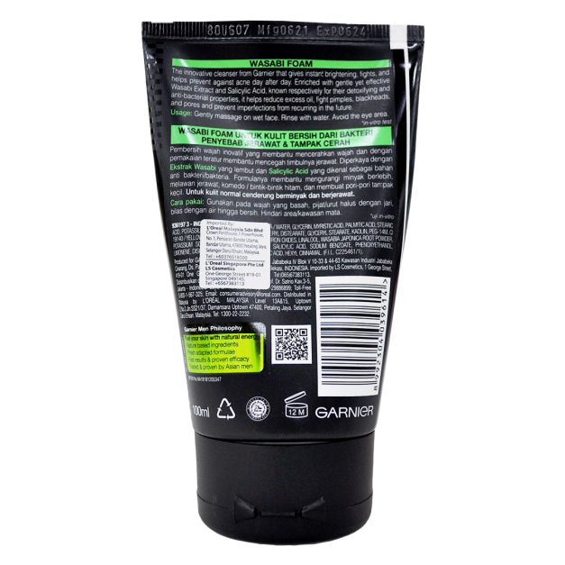 Garnier Men - Acno Fight - Anti-Bacteria Wasabi Brightening Foam 100 ml - Made in Indonesia