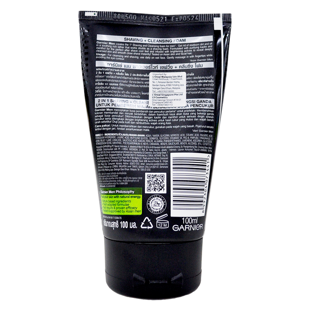 Garnier Men - Power White - Shaving + Cleansing Brightening Foam 100 ml - Made in Indonesia