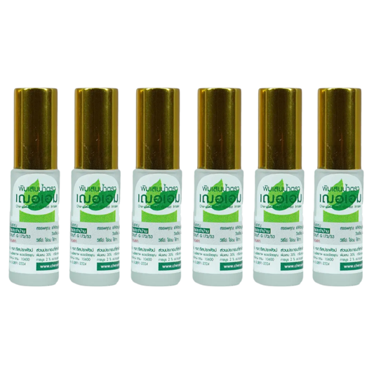 Cher-aim - Grey Herbal Inhaler Nasal Borneol Oil Roller 5ml. (Pack of 6) - Yadom - Relieve Congestion Dizzy - Made in Thailand