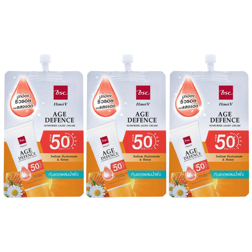BSC - Honei V, Age Defence Sunscreen Light Cream SPF50+ PA++++ 8g. (Pack of 3)