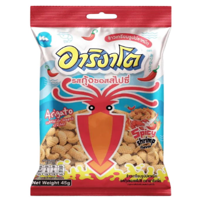 Arigato - Squid Crackers - Spicy Shrimp Sauce Flavor 45g. (Pack of 3)