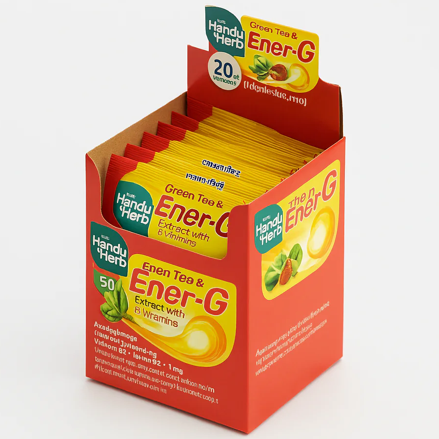 Handy Herb - Ener-G Dietary Supplement 110 mg., Ginko extract, Thai Black Ginger extract, Vitamin C, B1, B2, B6, and B12 (Box of 12 sachets, 2 capsules per shachet)