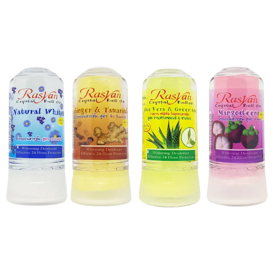 ISME - Crystal Roll-On Alum, Natural White, Ginger & Tamarind, Aloe Vera & Green Tea, Mangosteen 80g. (Mix of 4 Scents)