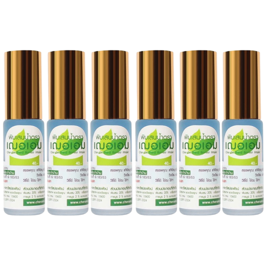 Cher-aim - Blue Herbal Inhaler Nasal Borneol Oil Roller 5ml. (Pack of 6) - Yadom - Relieve Congestion Dizzy - Made in Thailand
