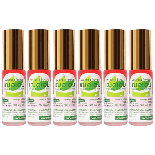 Cher-aim - Red Herbal Inhaler Nasal Borneol Oil Roller 5ml. (Pack of 6) - Yadom - Relieve Congestion Dizzy - Made in Thailand