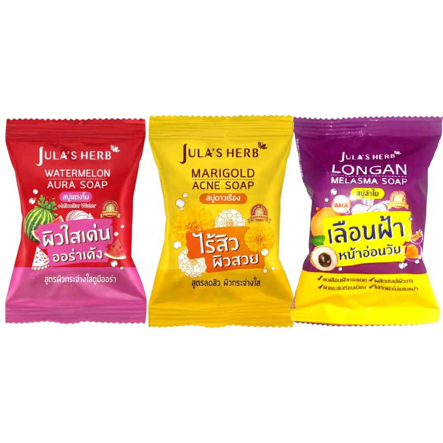 Jula's Herb - Watermelon Aura Soap, Marigold Acne Soap & Longan Melasma Soap (70g. x 3)