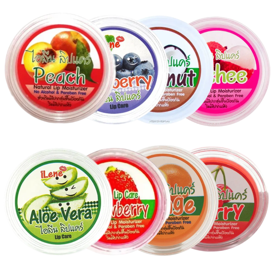 iLene - Mix of Natural Lip Care Balm Moisturisers 10g. (Mix of 8) - Peach, Blueberry, Coconut, Lychee, Aloe Vera, Strawberry, Orange, Cherry.