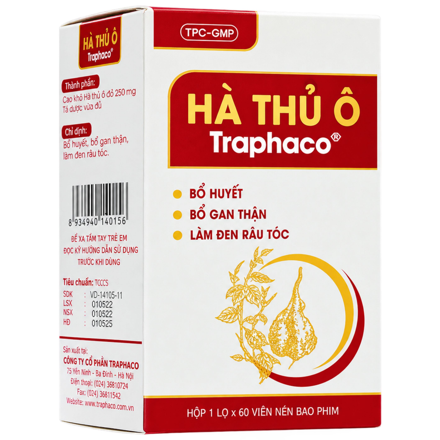 Traphaco - Hà Thủ Ô - Blood Nourishing, Darkens Hair, Kidney Support Supplement Hà Thủ Ô Đen Tóc Bổ Thận (60 Capsules)