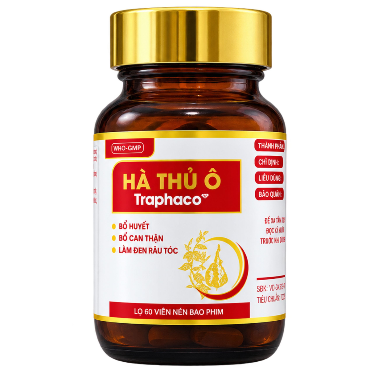 Traphaco - Hà Thủ Ô - Blood Nourishing, Darkens Hair, Kidney Support Supplement Hà Thủ Ô Đen Tóc Bổ Thận (60 Capsules)