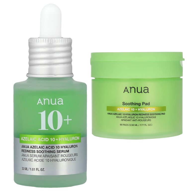 Anua - Bundle of: 1x Azelaic 10 Hyaluron Redness Soothing Pad (90 Pads) + 1x Azelaic Acid 10 Hyaluron Redness Soothing Serum 30ml.