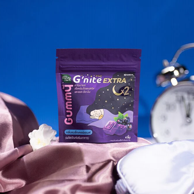 Handy Herb - Gnite Extra X2 Gummy Jelly, Chamomile, Red Reishi Mushroom Extract  and L-Theanine X2, Sleep Fast Blackcurrant flavor (Pack of 3 sachets, 4 pcs. per sachet)