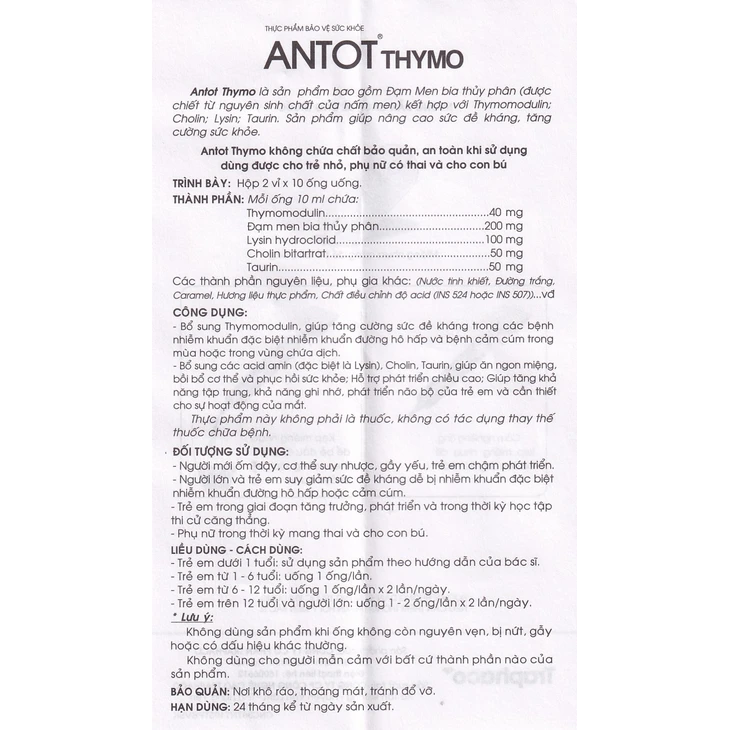 Traphaco - Antot Thymo - Liquid Tonic for Child Immunity Boost, Appetite Tăng Sức Đề Kháng & Kid's Growth (20 Oral Tubes)
