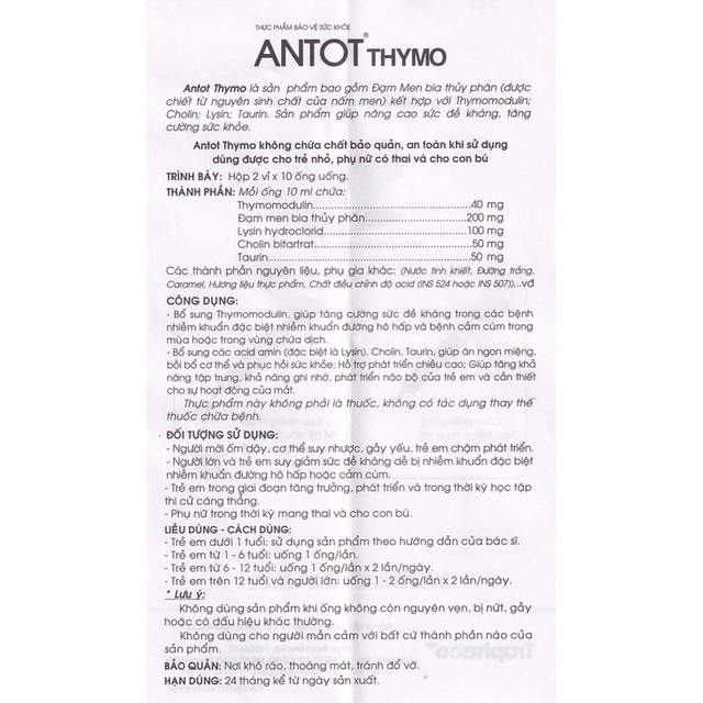Traphaco - Antot Thymo - Liquid Tonic for Child Immunity Boost, Appetite Tăng Sức Đề Kháng & Kid's Growth (20 Oral Tubes)