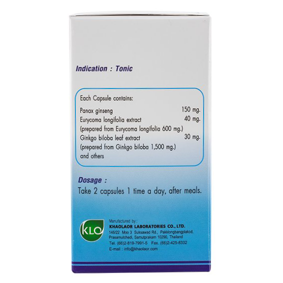 Khaolaor - Staminia Brand Capsule, Tongkat Ali Extract mixed with Ginseng, Ginkgo Biloba Extract, Eurycoma Longifolia Extract (60 capsules)