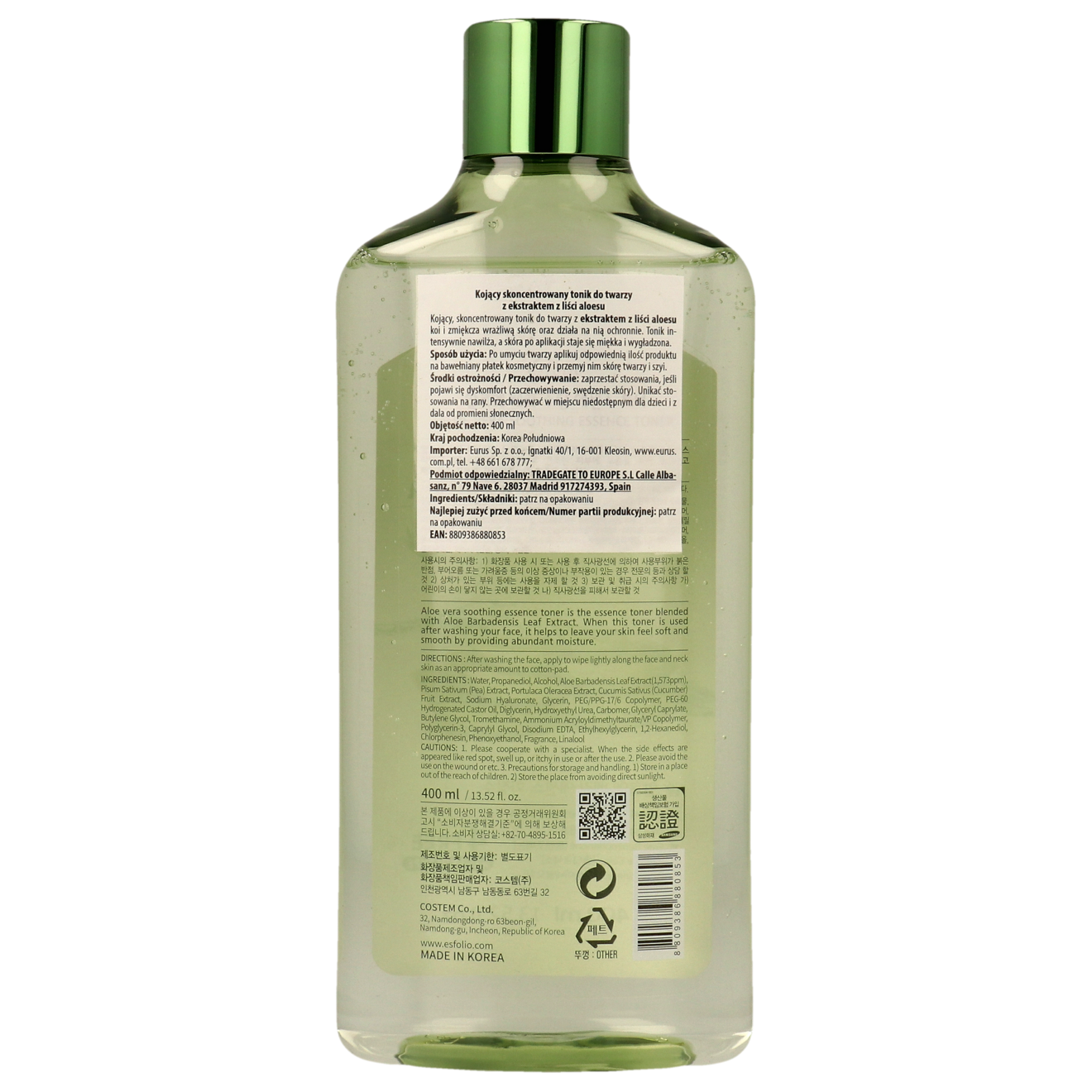 Esfolio - Aloe Vera Soothing Essence Toner 400ml.