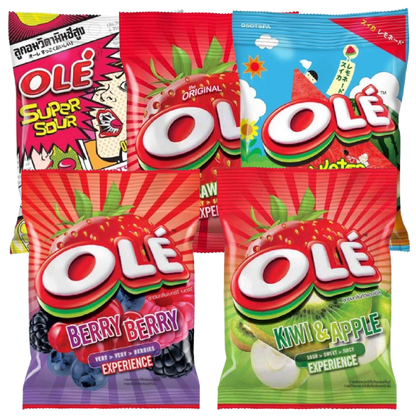 Olé - (Mix of 5) 1x Super Strawberry Lime 17.5g. - 1x Strawberry 28g. - 1x Watermelon Lemonade 25g. - 1x Berry Flavored 25g. - 1x Apple Kiwi 20g.