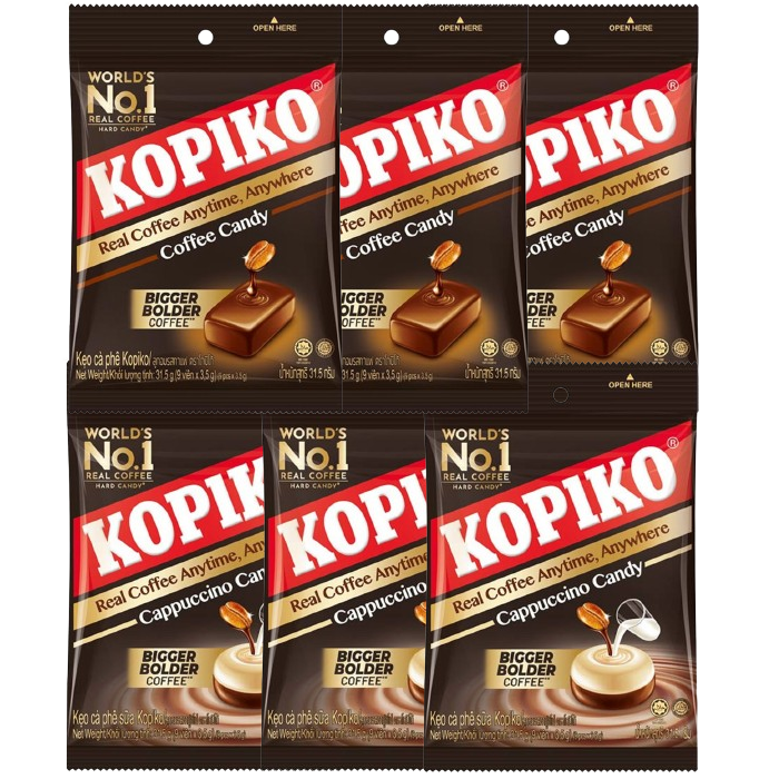 Kopiko - 3x Coffee Candy 31.5 g. and 3x Cappuccino Candy 31.5 g. (Pack 3+3 Mix)