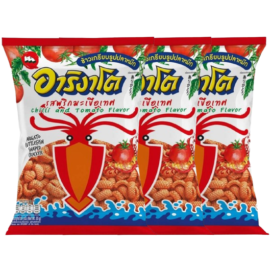 Arigato - Squid Crackers - Chili and Tomato Flavor 55g. (Pack of 3)