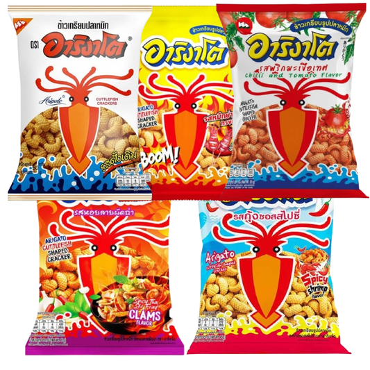 Arigato - Squid Crackers - Original, Grilled Squid, Chili and Tomato, Stir-Fried Clams, Spicy Shrimp Sauce - (Pack of 5 Mix - 50g. each)