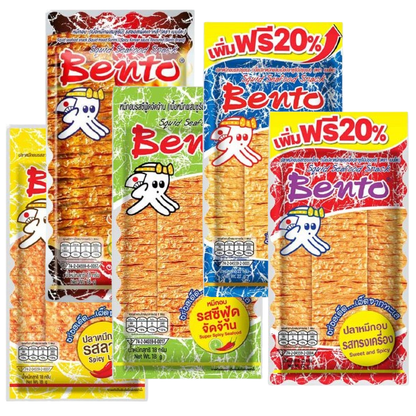 Bento - Baked Squid - Spicy Flavor 22 g. | Larb Flavor, 18 g. | Korean Spicy Sauce 18 g. | Spicy Seafood Flavor 18 g. | Seasoned Flavor 22 g. (Pack of 5 Mix)