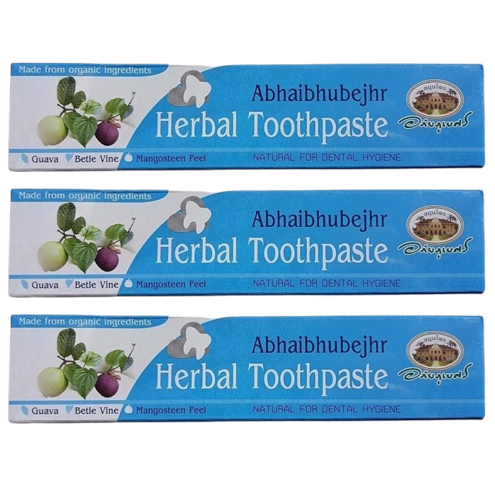 Abhaibhubejhr - Herbal Toothpaste with Guava Leaf, Betel and Mangoesteen 70 g. (Pack of 3) - Made in Thailand