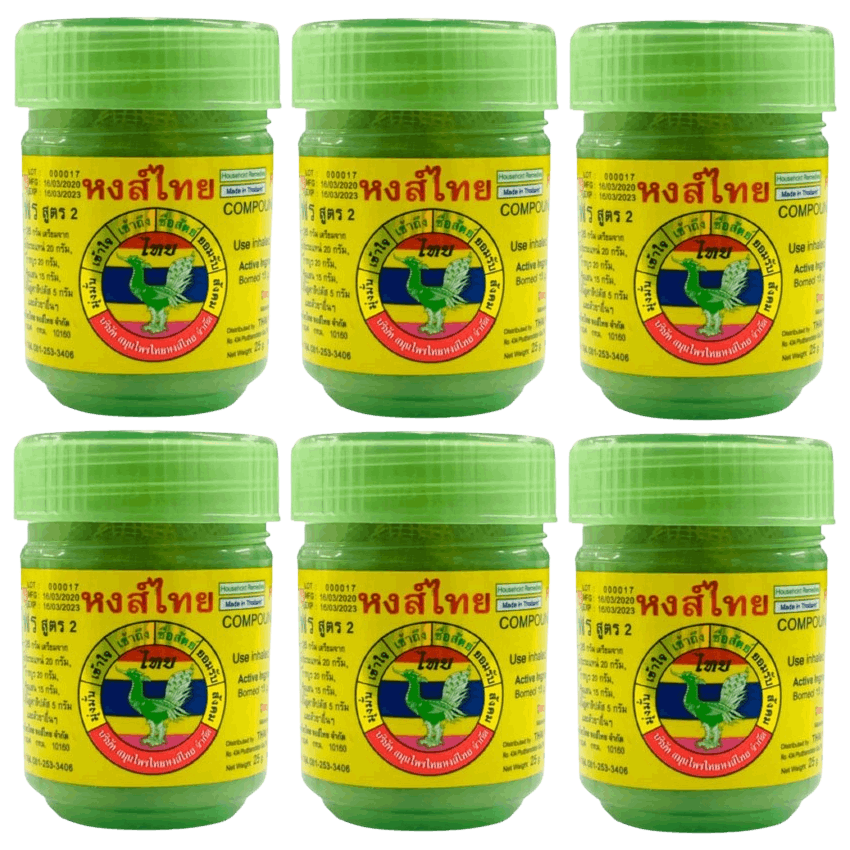 Hong Thai - Green Traditional Compound Thai Herbal Inhaler Yadom - Nasal Inhalant (Pack of 6) - Made in Thailand