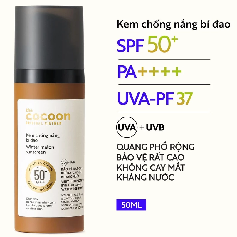 Cocoon Vietnam - Winter Melon Sunscreen SPF 50+ PA++++ UVA-PF 37 (Kem Chống Nắng Bí Đao) with Winter Melon Extract & Antioxidants 50ml.