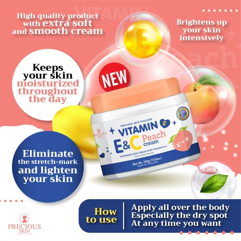 Precious Skin Thailand - Vitamin E&C Peach Cream 200g.