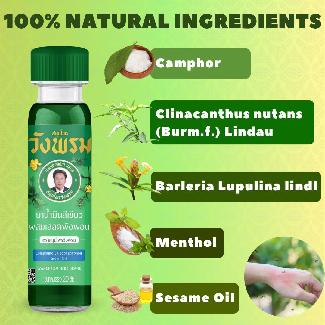 Wang Prom  - Green Herbal Massage Oil 20 ml. (Pack of 3) - Made in Thailand