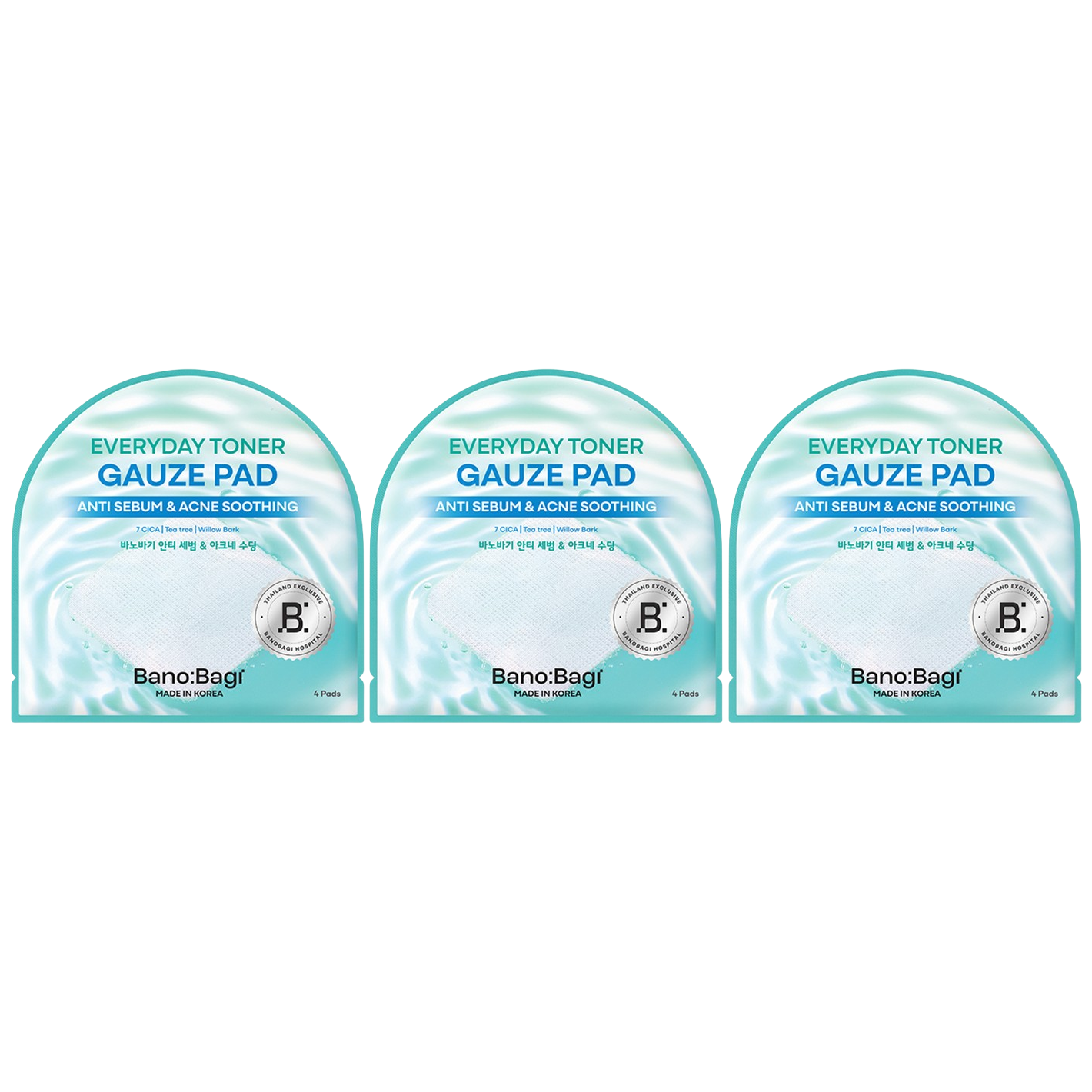Banobagi - Everyday Toner Gauze Pad Anti Sebum & Acne Soothing with 7 CICA, Tea Tree and Willow Bark 10ml. 4 Pads (Pack of 3 = 12 pads)