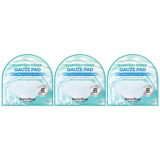 Banobagi - Everyday Toner Gauze Pad Anti Sebum & Acne Soothing with 7 CICA, Tea Tree and Willow Bark 10ml. 4 Pads (Pack of 3 = 12 pads)