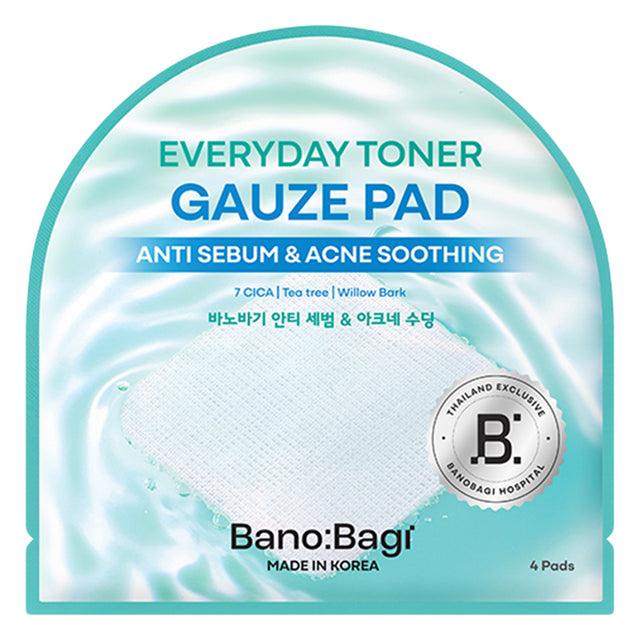 Banobagi - Everyday Toner Gauze Pad Anti Sebum & Acne Soothing with 7 CICA, Tea Tree and Willow Bark 10ml. 4 Pads (Pack of 3 = 12 pads)