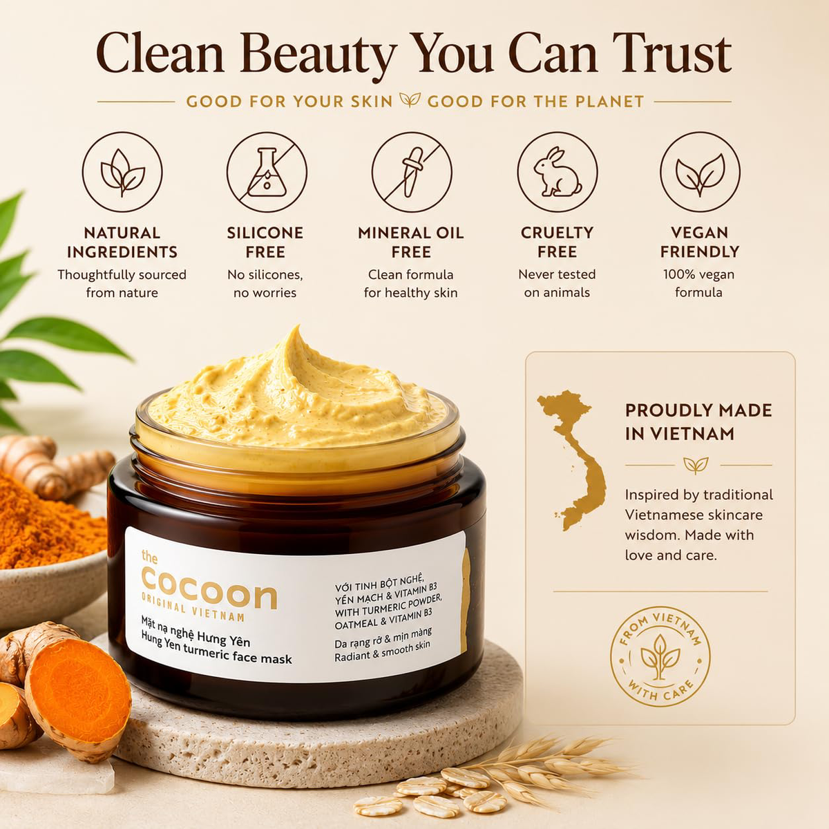 Cocoon Vietnam - Hung Yen Turmeric Face Mask (Mặt Nạ Nghệ Hưng Yên) with Turmeric Powder & Oatmeal 30ml.