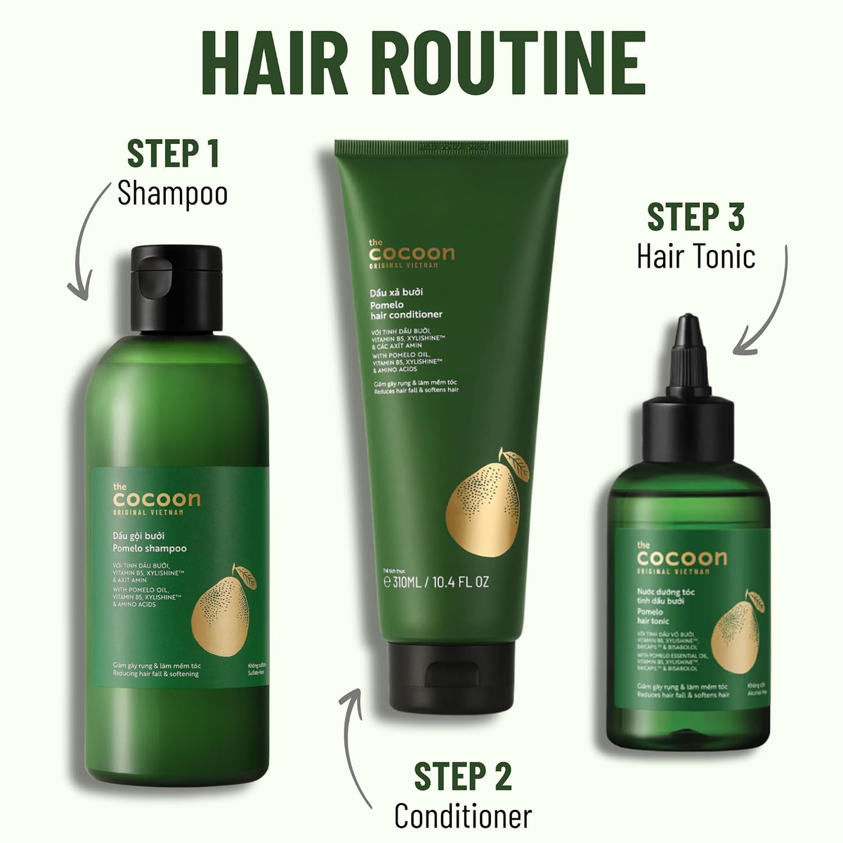 Cocoon Vietnam - Pomelo Shampoo (Dầu Gội Bưởi) with Pomelo Oil, Vitamin B5, Xylishine™ & Amino Acids, Sulfate-Free 310ml.