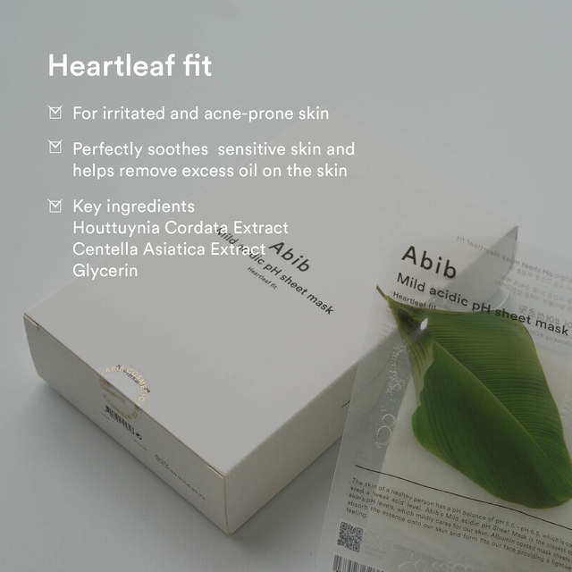 Abib - Mild Acidic pH Sheet Face Mask, Heartleaf Fit 30ml. (Pack of 3)