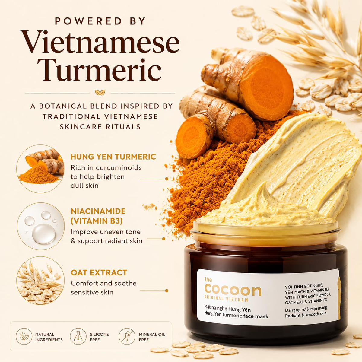 Cocoon Vietnam - Hung Yen Turmeric Face Mask (Mặt Nạ Nghệ Hưng Yên) with Turmeric Powder & Oatmeal 30ml.