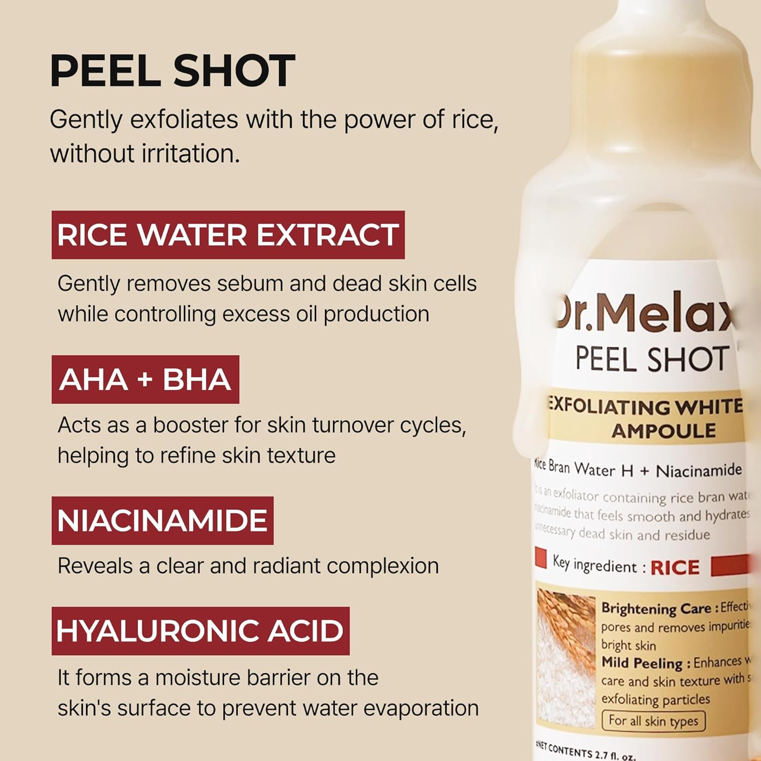 Dr.Melaxin - Peel Shot Exfoliant Rice Ampoule with Rice Bran Water H + Niacinamide 80ml.