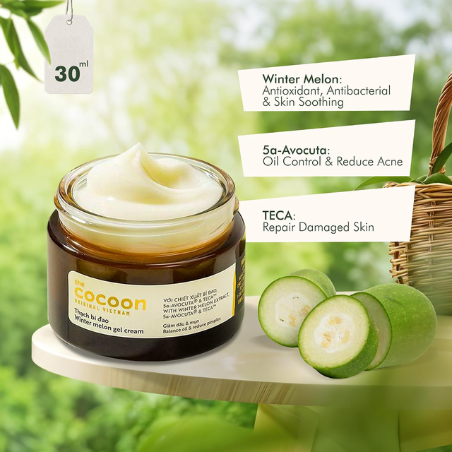 Cocoon Vietnam - Winter Melon Gel Cream (Thạch Bí Đao) with Winter Melon Extract, 5α-Avocuta® & Centella Asiatica 30ml.