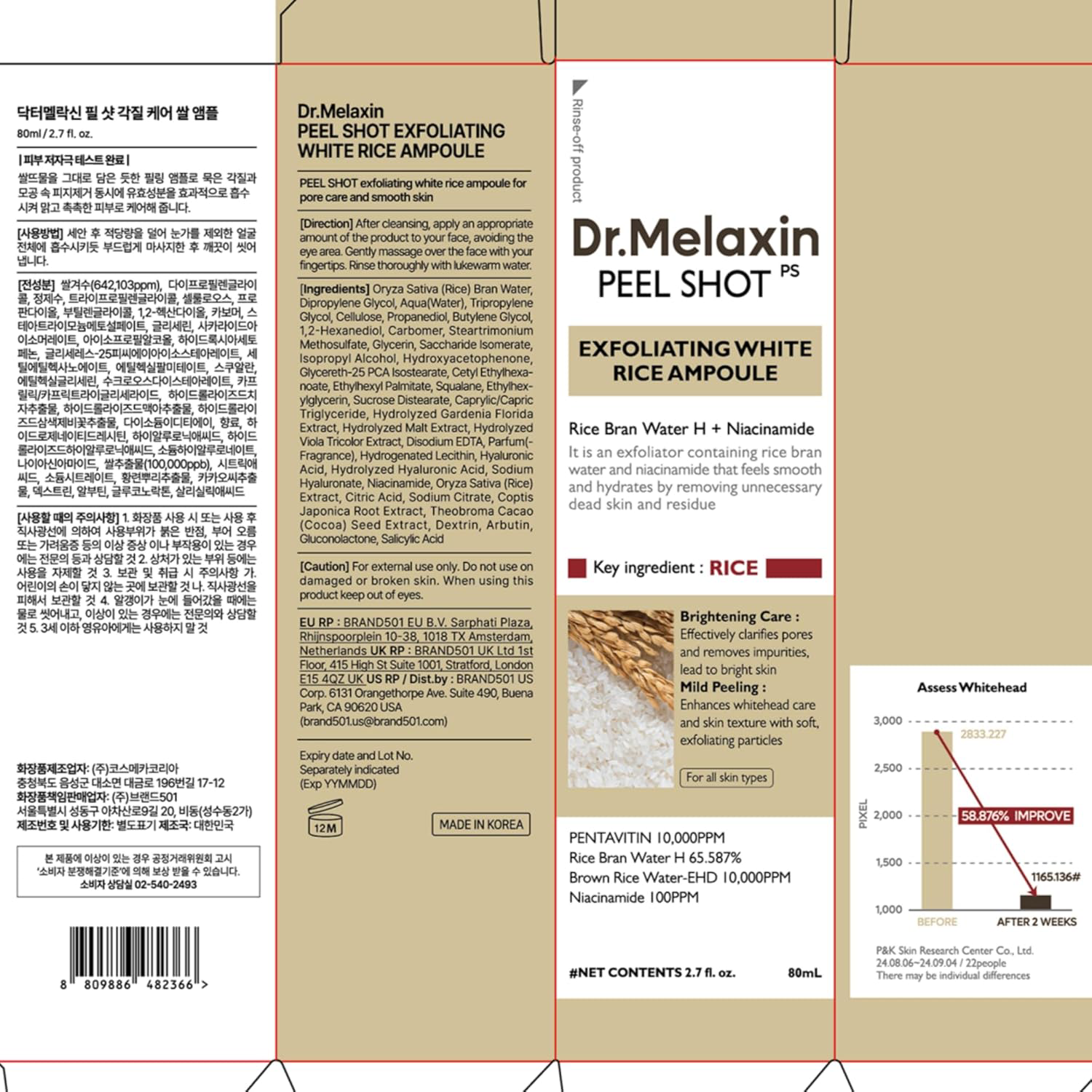 Dr.Melaxin - Peel Shot Exfoliant Rice Ampoule with Rice Bran Water H + Niacinamide 80ml.