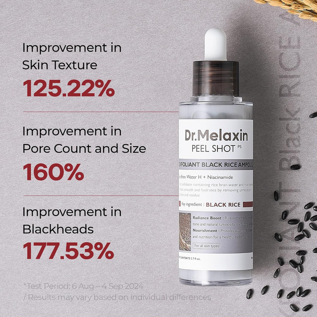 Dr.Melaxin - Peel Shot Exfoliant Black Rice Ampoule with Rice Bran Water H + Niacinamide 80ml.